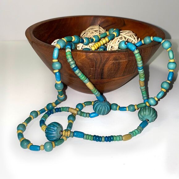 Vintage Teal Beige Wood Necklace Multi Strand Beads Boho Layered Beaded - Picture 5 of 8
